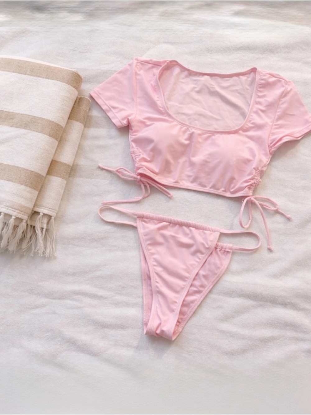 Cabana Del Sol Pink Ruched Side Tie Crop Bikini Set High Cut Bottoms~M Top~S💚